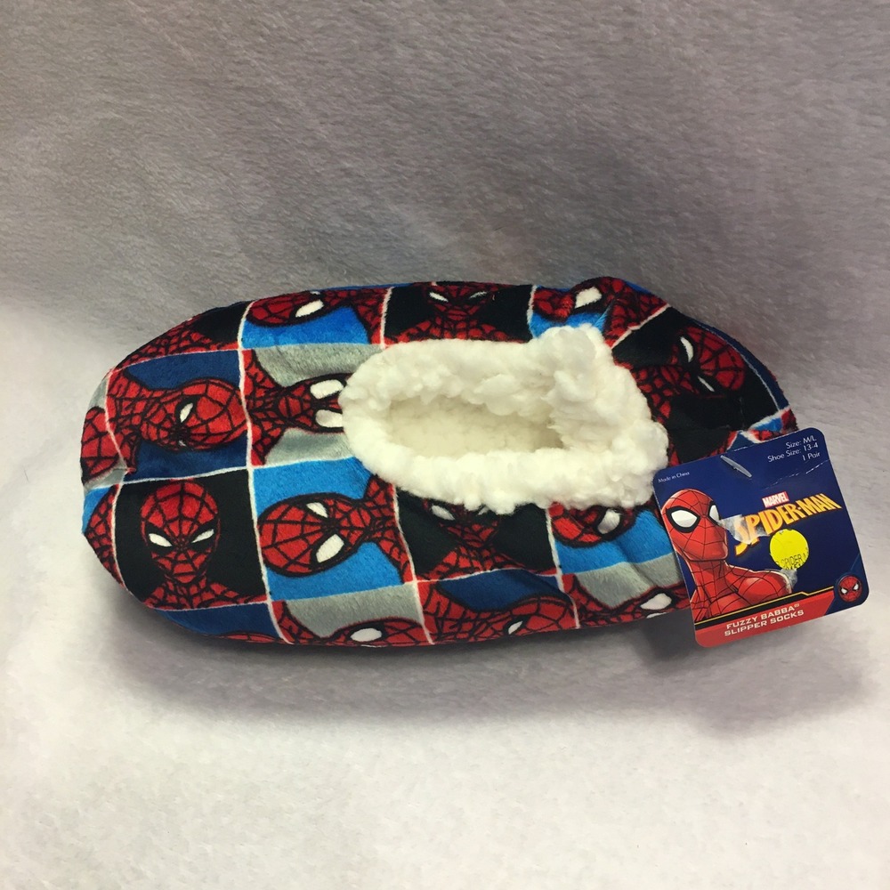 Marvel Spider-Man Slipper Socks Kids M/L 13-4 Black Red New‎ Fuzzy Babba Sherpa